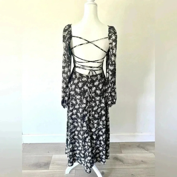Lulu's Found Your Bliss Black Print Long Sleeve Lace-Up Midi Dress Size Small - Picture 8 of 15